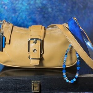 Coach Tan Leather Shoulder Bag with Blue Details